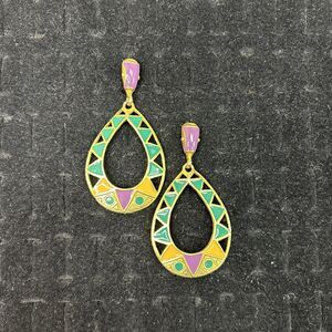 Geometric Enamel Teardrop Dangle Post Earrings Purple Orange Green Tribal 1980s